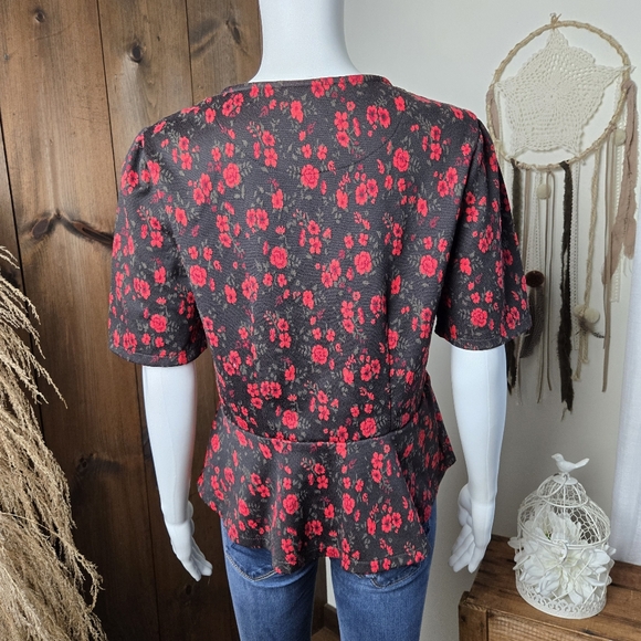 Anthropologie Meadow Rue Black Red Floral Peplum Faux Wrap Top - Picture 4 of 14